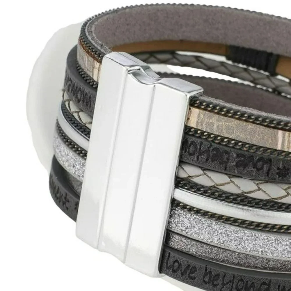 Multilayer Leather Bangle Magnetic‎ Bracelet for Men Or Women 7.5in - Khaki